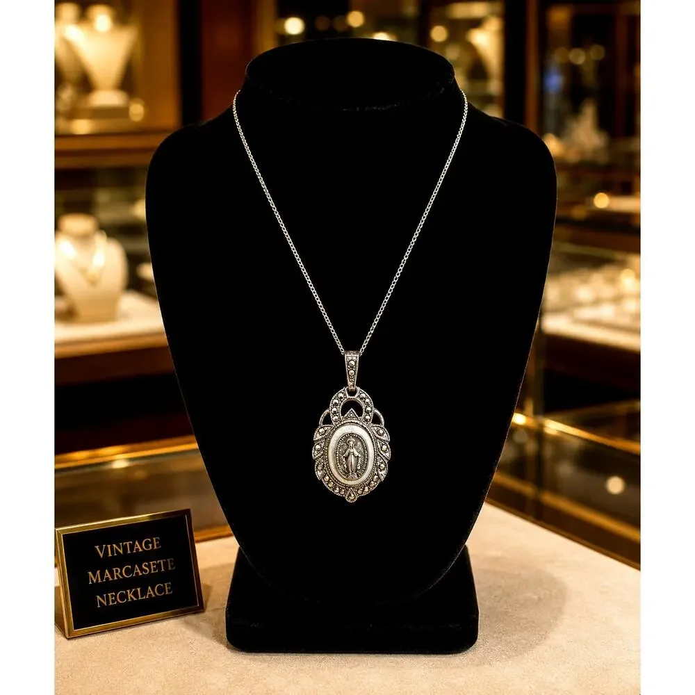 Vintage Marvel Sterling Silver Miraculous Medal Necklace Marcasite Pendant 16